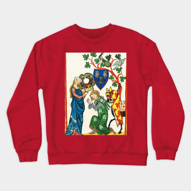 KNIGHT BEING ARMED BY HIS LADY ,MEDIEVAL MINIATURE WITH WILD ROSES Crewneck Sweatshirt by BulganLumini